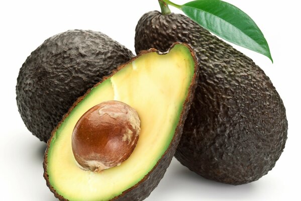 Three avocados with a leaf on a white background