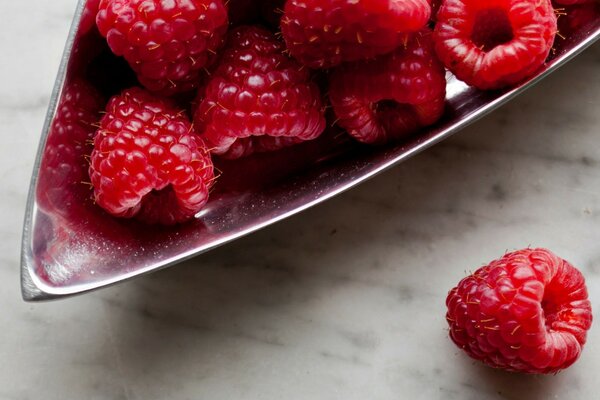 Frische rote Himbeeren in einer Untertasse aus Metall