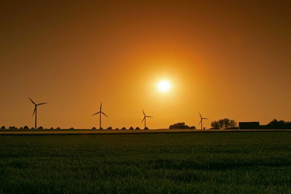 The sun and windmills are on the field