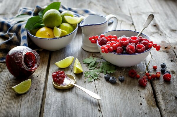 Lamponi e ribes accanto a lime e limone