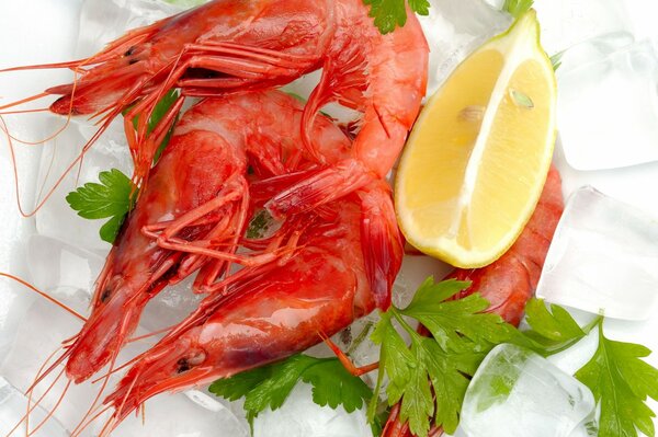 Camarones con una rodaja de limón y perejil