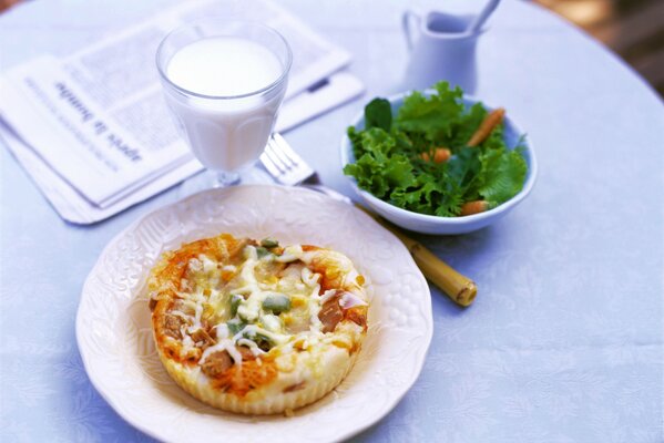 Hearty breakfast, pastries on a plate with a mug of milk