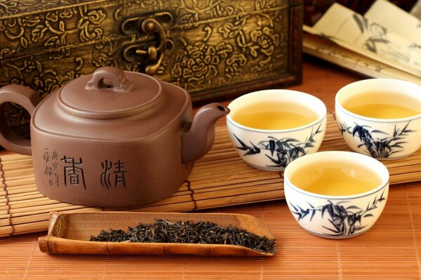 Serving Chinese tea and a teapot with hieroglyphs