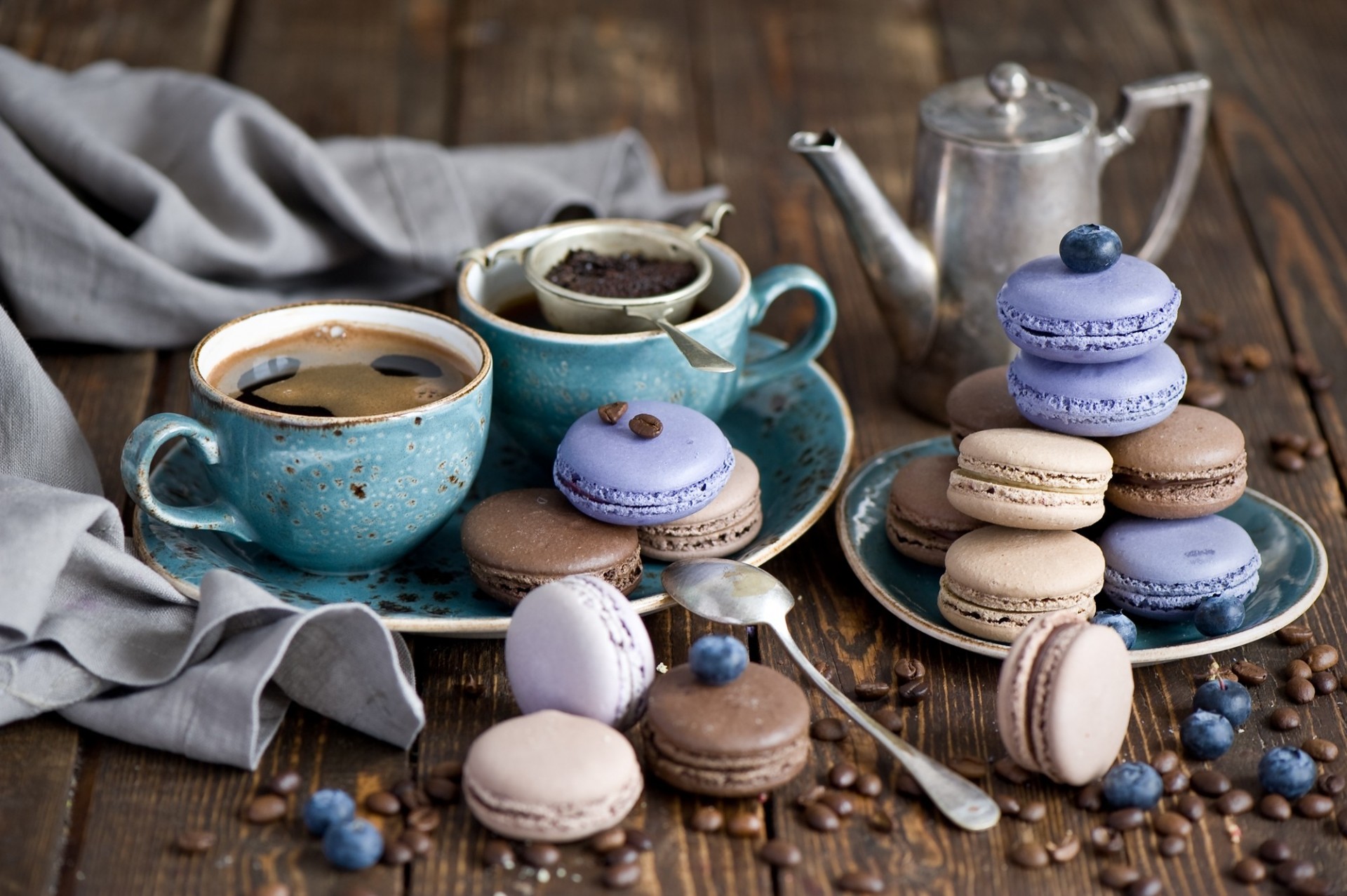 arándanos macaron bayas granos glaseado macaron tazas postre galletas café colador juego dulces lecho