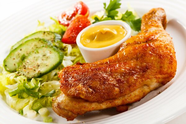 Chicken leg with salad. Supper