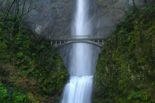 Brücke über den Wasserfall. Grüne Felsen