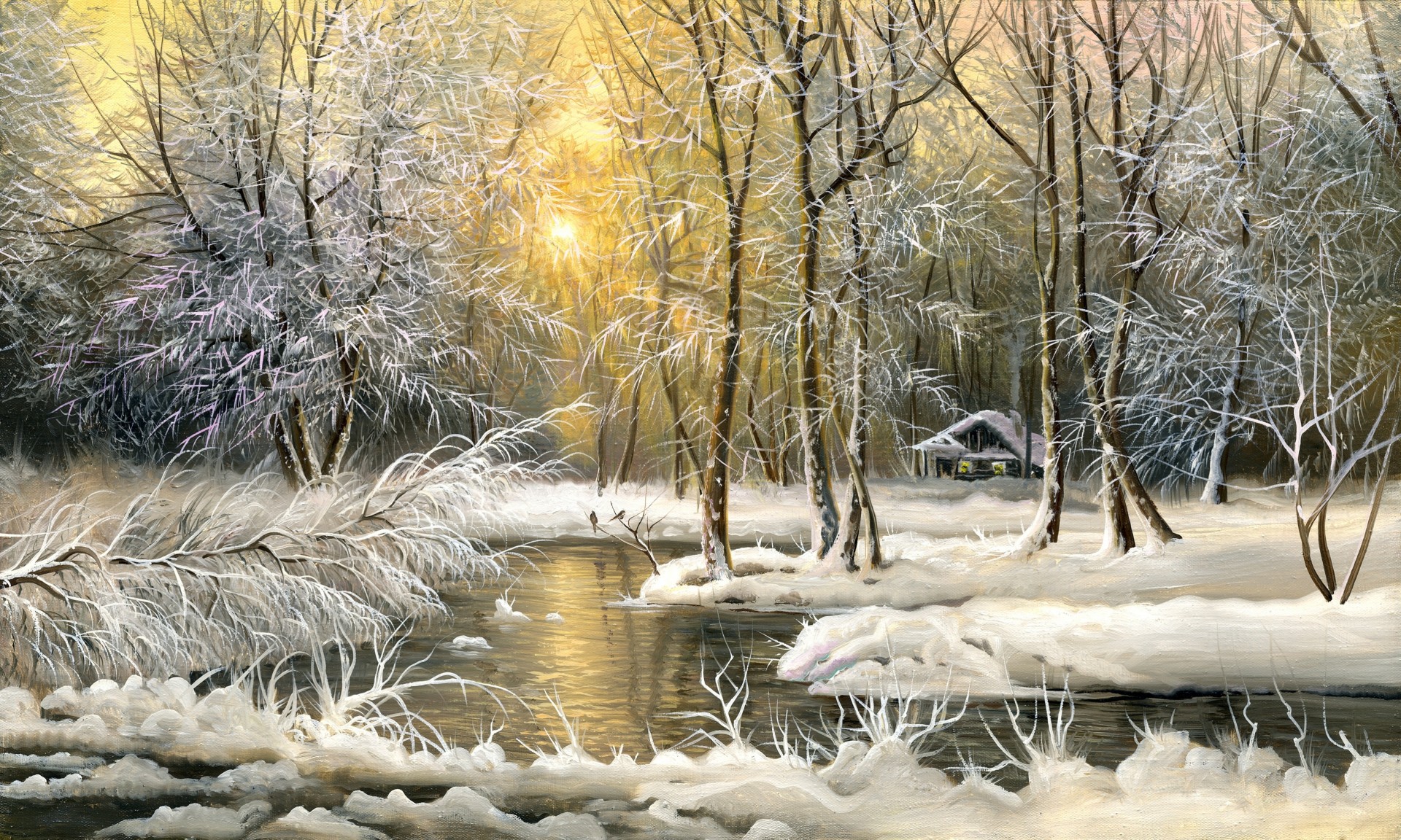 pittura freddo alberi neve casa olio inverno