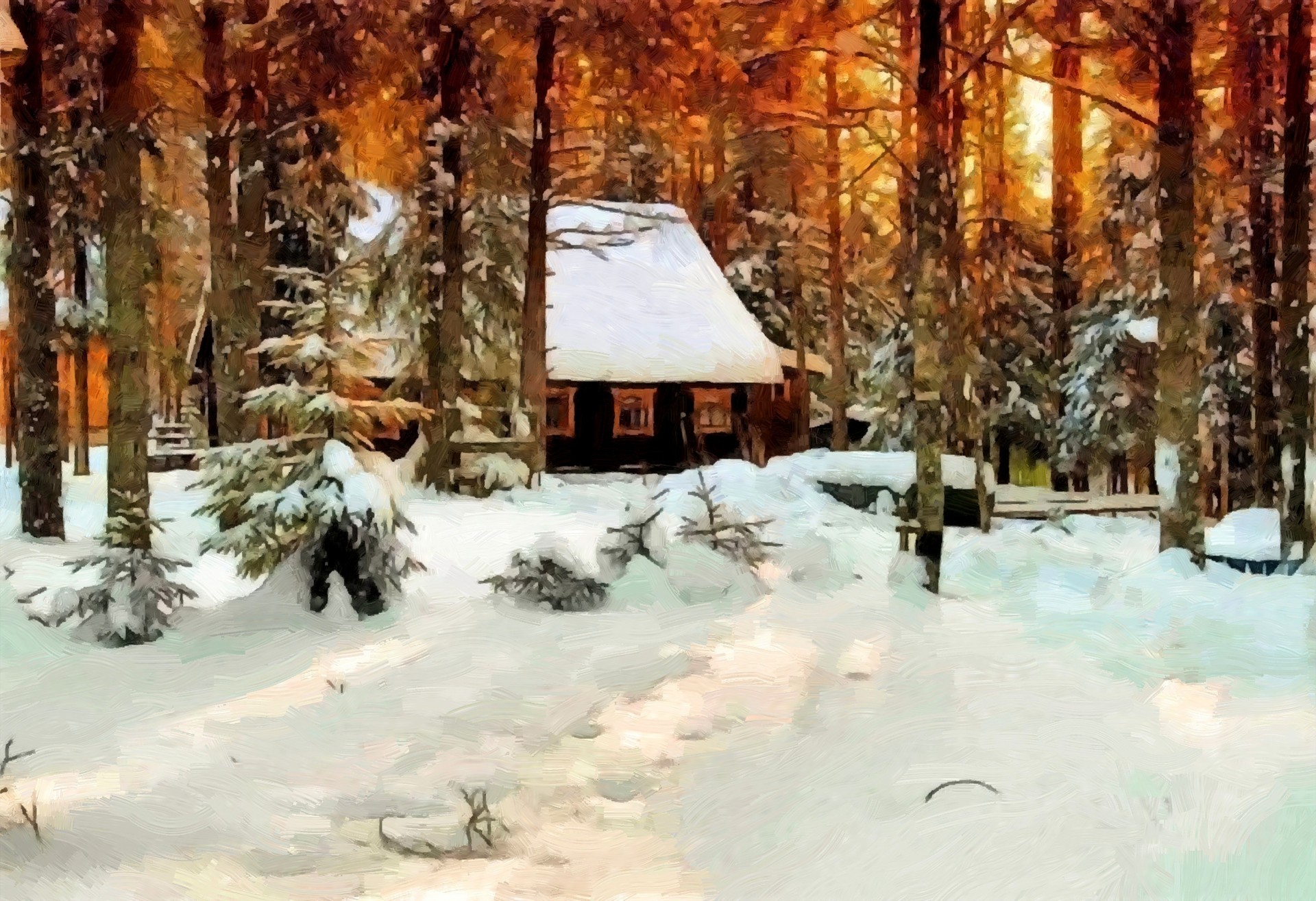 lienzo pintura aceite árboles bosque casa nieve invierno