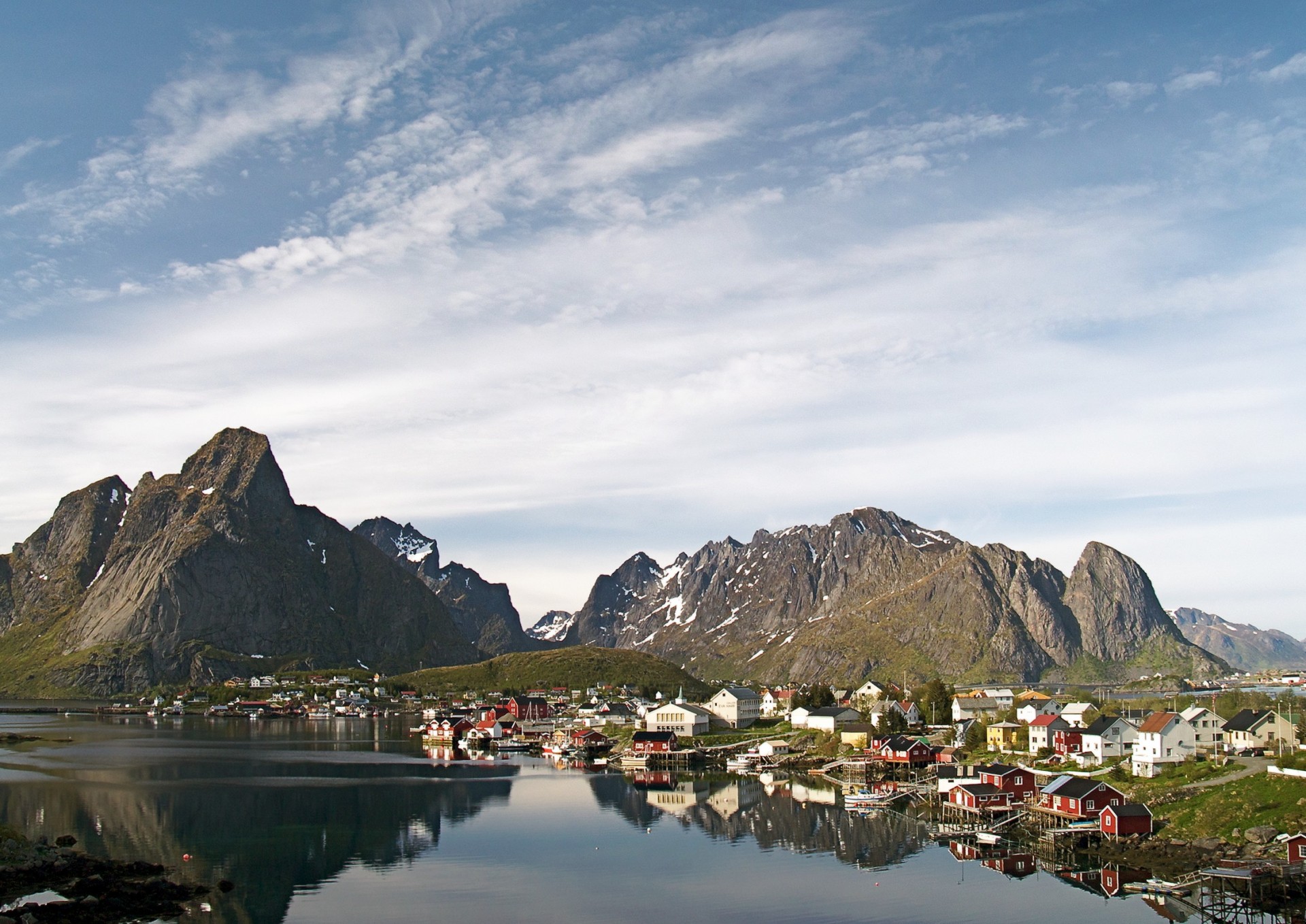 village mountain water sky