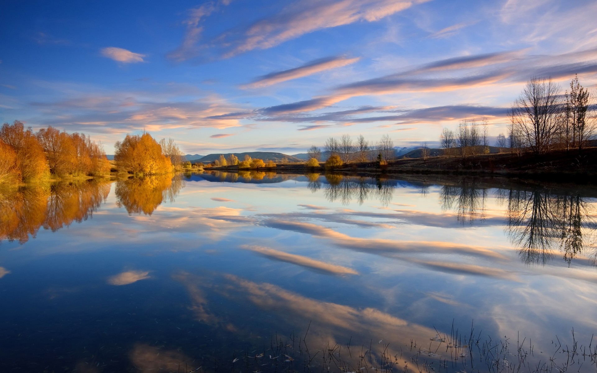 lake reflection tree clouds sky