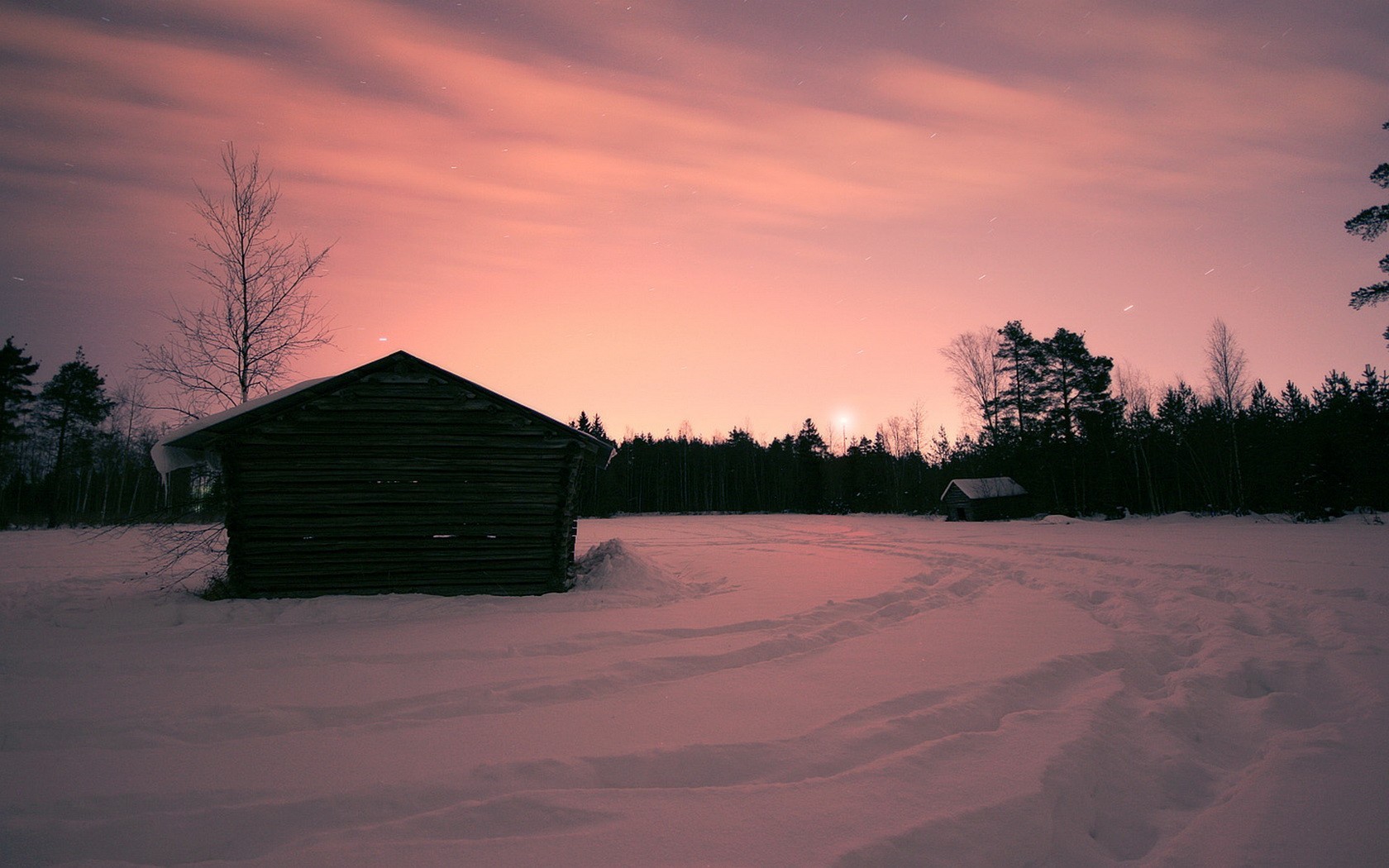 winter snow house sunset