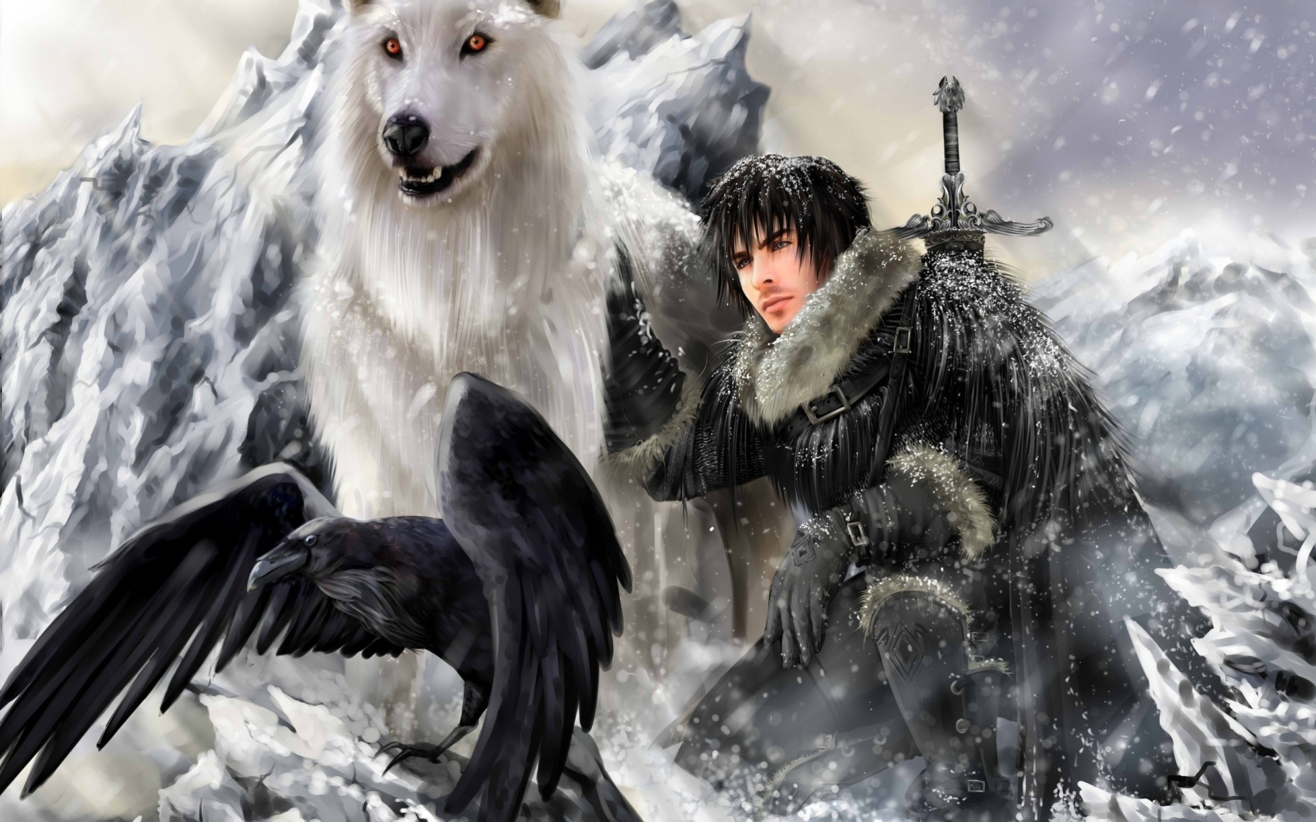 ptaszki śnieg jon snow góry wojownicy miecze wrony phantom rasy gra o tron direwolf