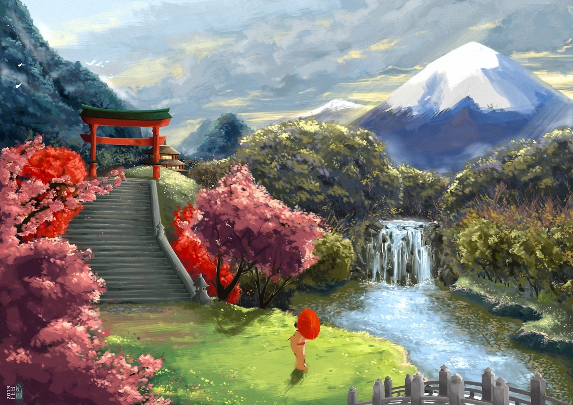 arte paisaje cascada río asia paraguas montaña sakura geisha escalera puerta