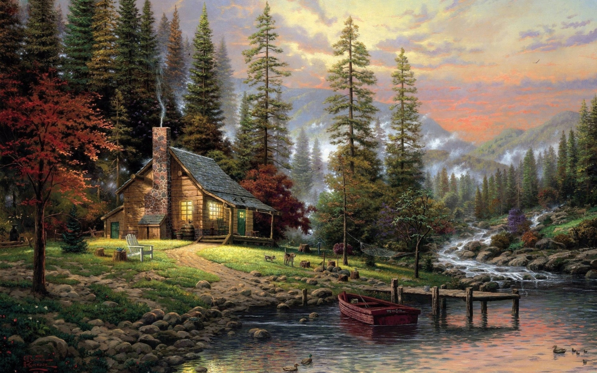 kunst landschaft fluss haus zeichnung thomas kincaid flüsse boot