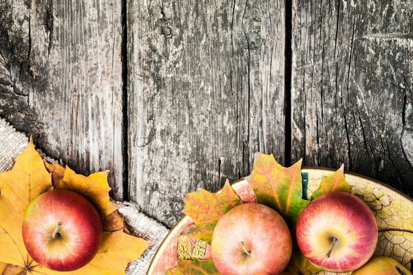 Paesaggio autunnale, mele e foglie d acero