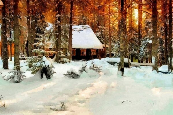 Bosque de invierno con pintura de la casa