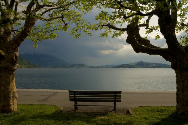 Skaseika by the lake on the background of mountains