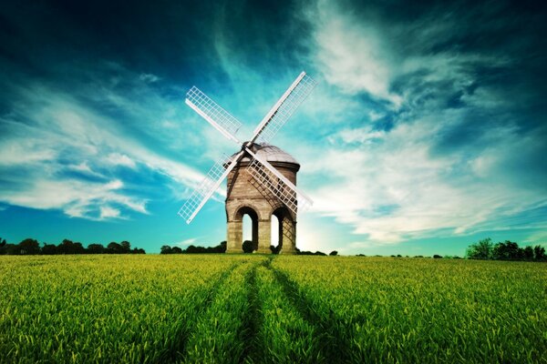 Moulin à vent dans le champ vert