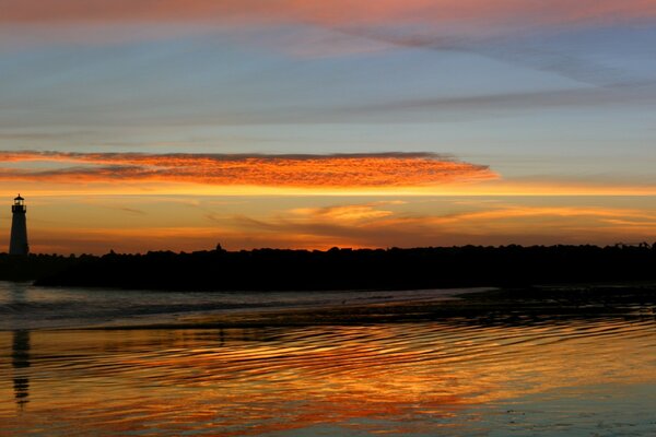 A lighthouse standing alone in the distance at sunset