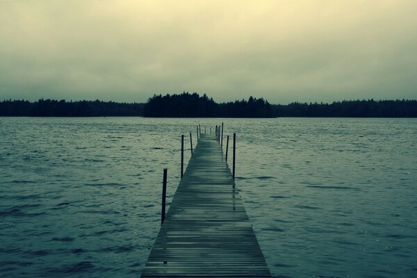 Minimalistic painting, pier on the lake, lake and mountains