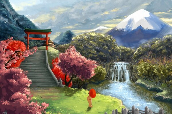 Art geisha with an umbrella on the background of a waterfall and sakura