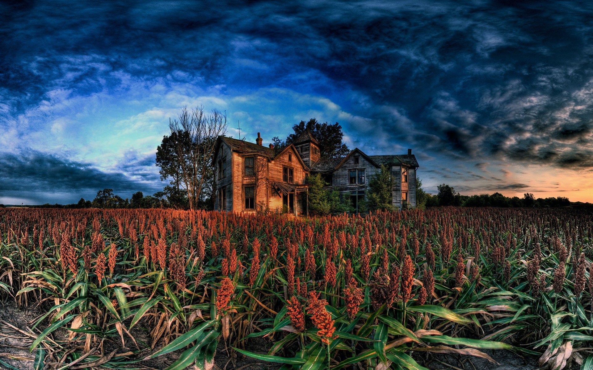 feld haus wolken sind verwüstet