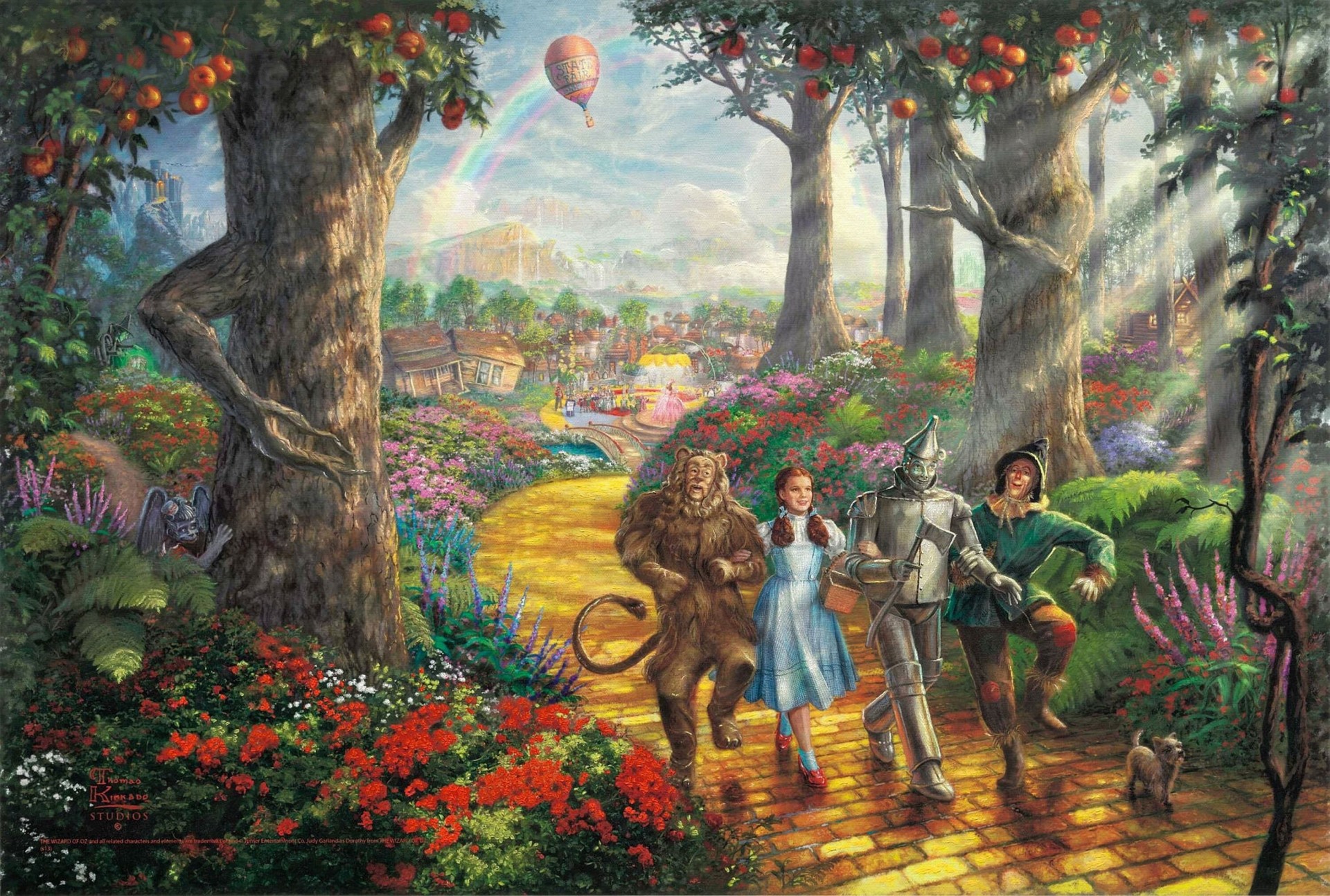 hund straße wald design film blumenbeete gelber ziegel ballon toto horror eisen holzfäller feiger löwe animierte zeichen bild dorothy bäume böse hexe cartoon thomas kincaid früchte film fantasie disney walt dee