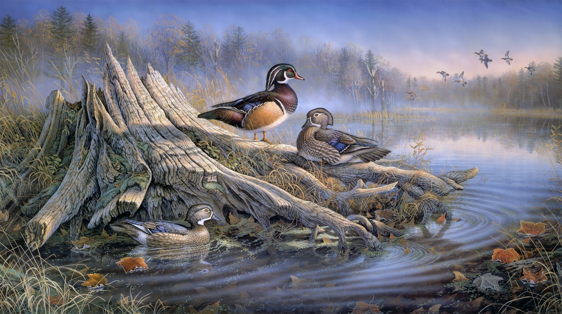 arte hojas de otoño ninja pintura lago niebla bosque fauna agua otoño tocón aves