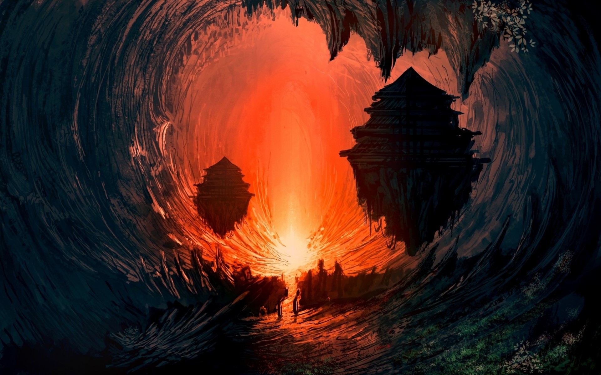 digital art landscape painting cave fiction underworld job fire