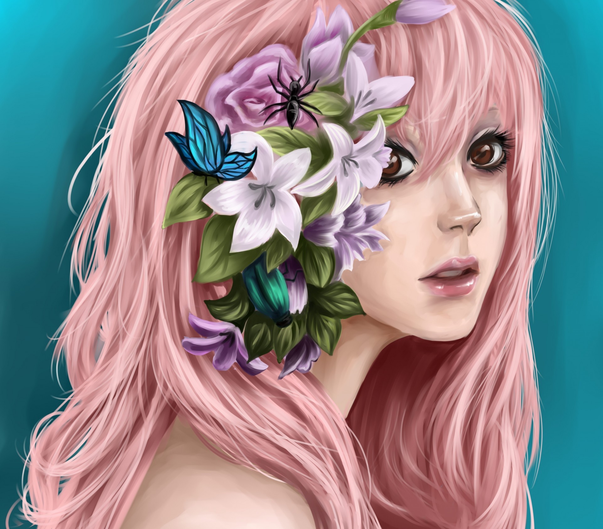 capelli rosa arte ragazza fiori scarabeo