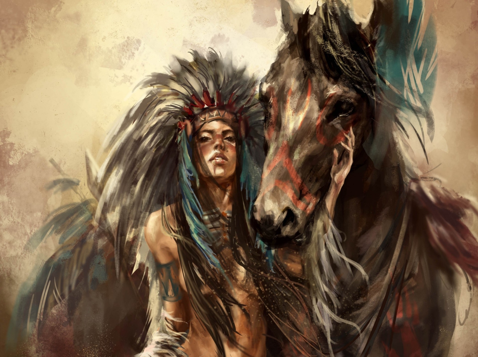 art feathers girl horse