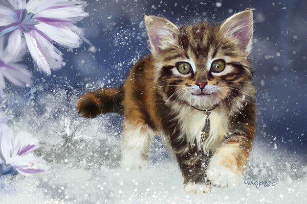 Mignon chat dans la neige va