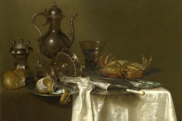 Nature morte avec du crabe, du citron et des verres