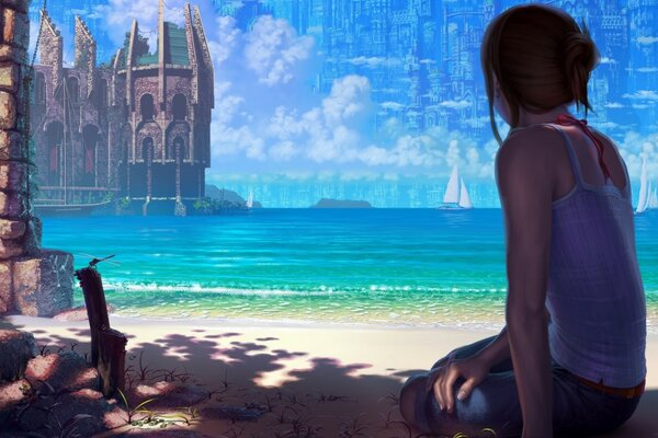 A girl on the beach looks at the castle