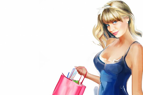 Blonde with shopping on a white background