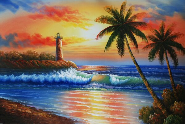 An island with palm trees and a sea sunset on the background of the sky, sunset and lighthouse