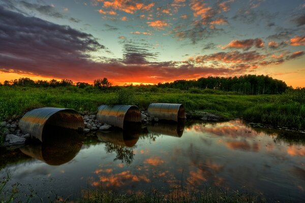 Le coucher de soleil se reflète dans le marais de la forêt