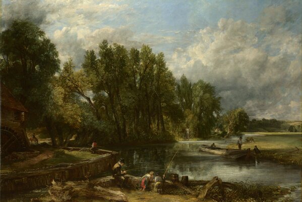 Fishermen on the river bank near the forest