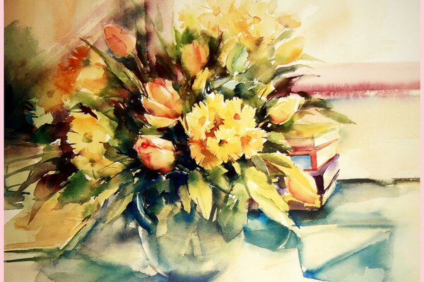 A watercolor bouquet of flowers is in a vase on the table