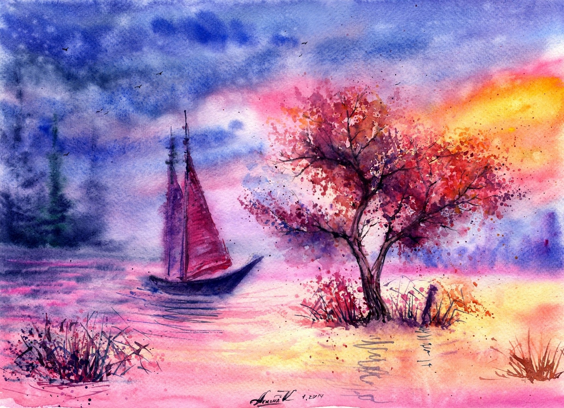 painted landscape river tree grass night clouds watercolor sailboats bird