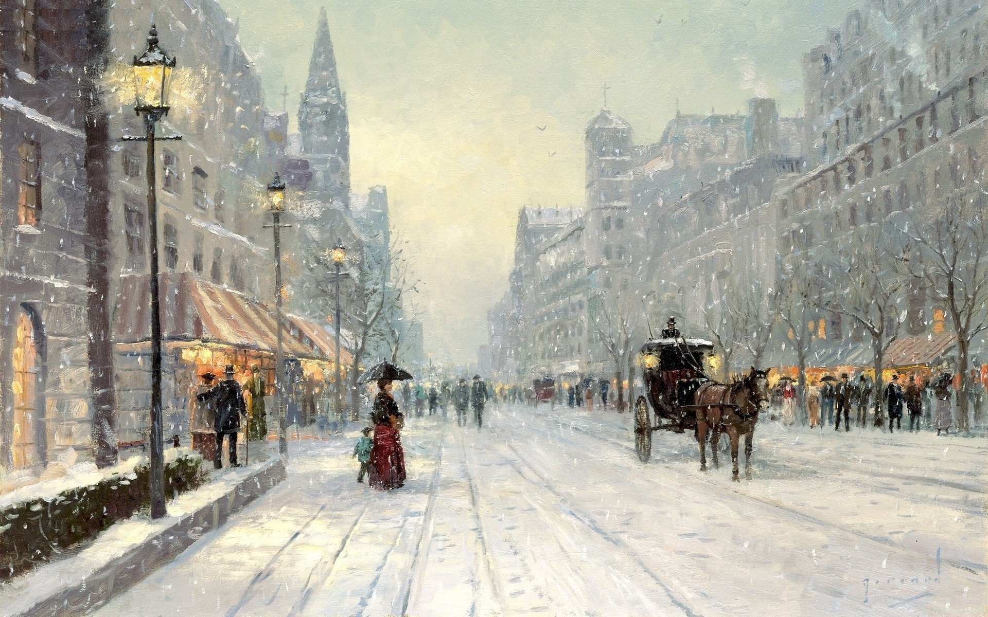 pintura edificio ciudad thomas kinkade nieve invierno gente