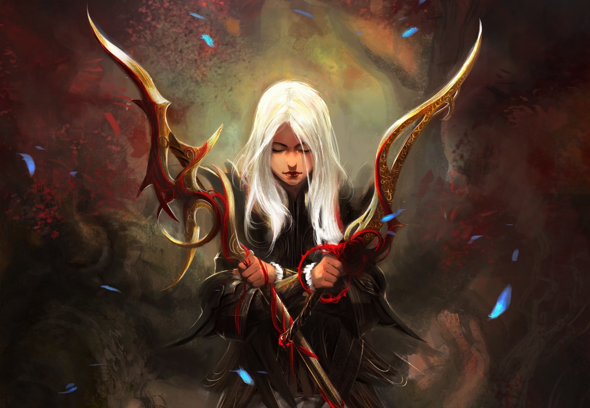 art weapon girl sword fantasy white hair spear