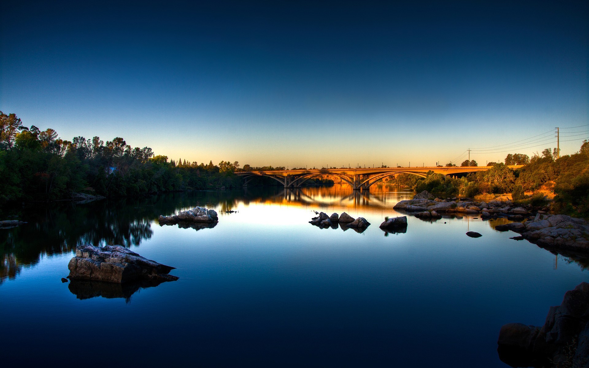 azul puente california reflexión piedras cielo mañana río