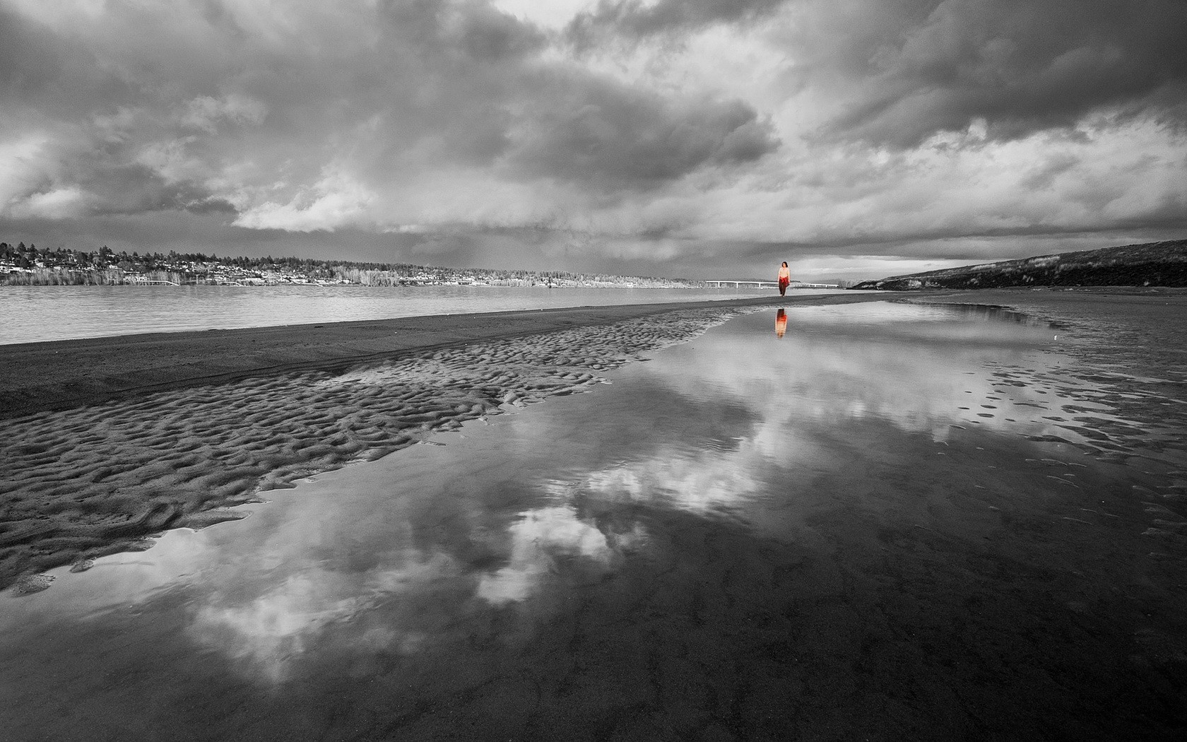 beach black and white clouds girl