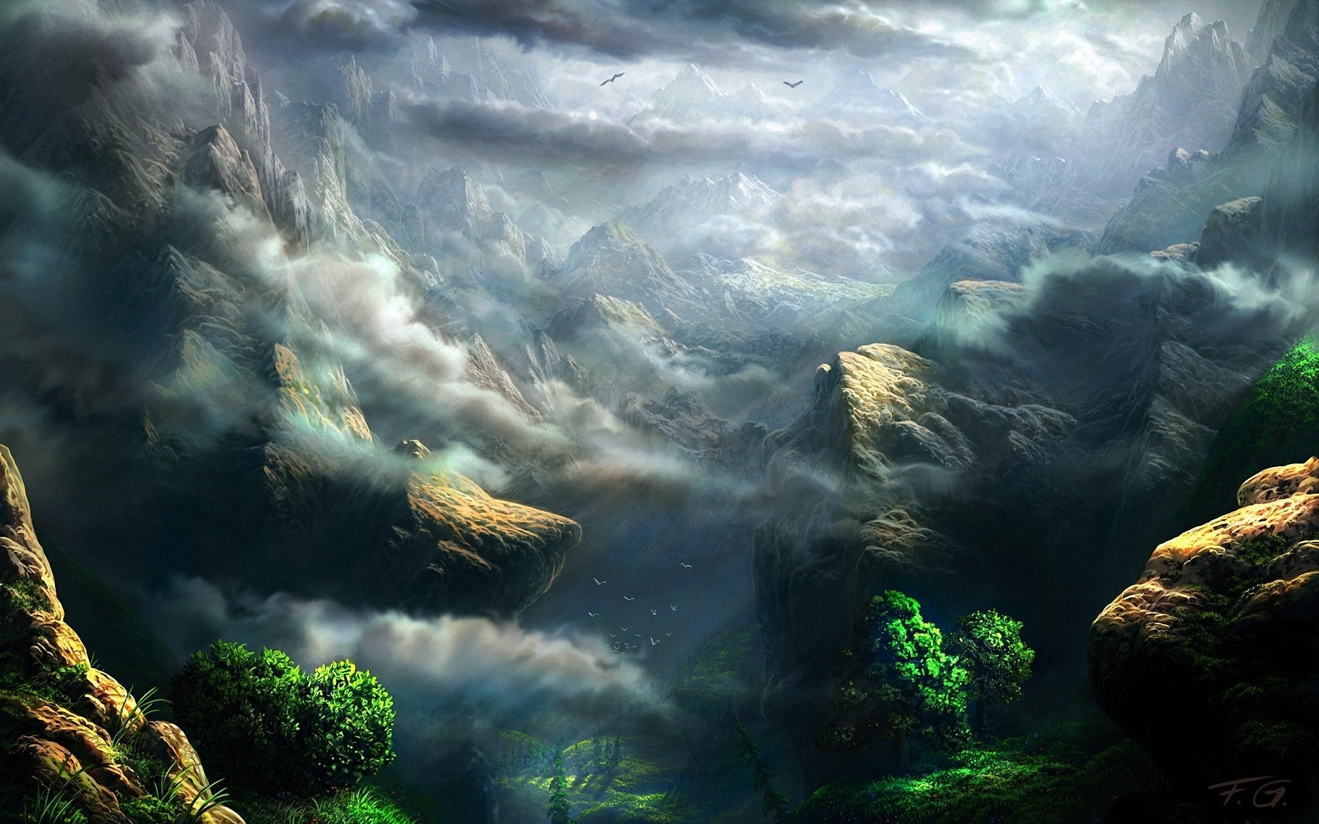 art green tree clouds height mountain rock