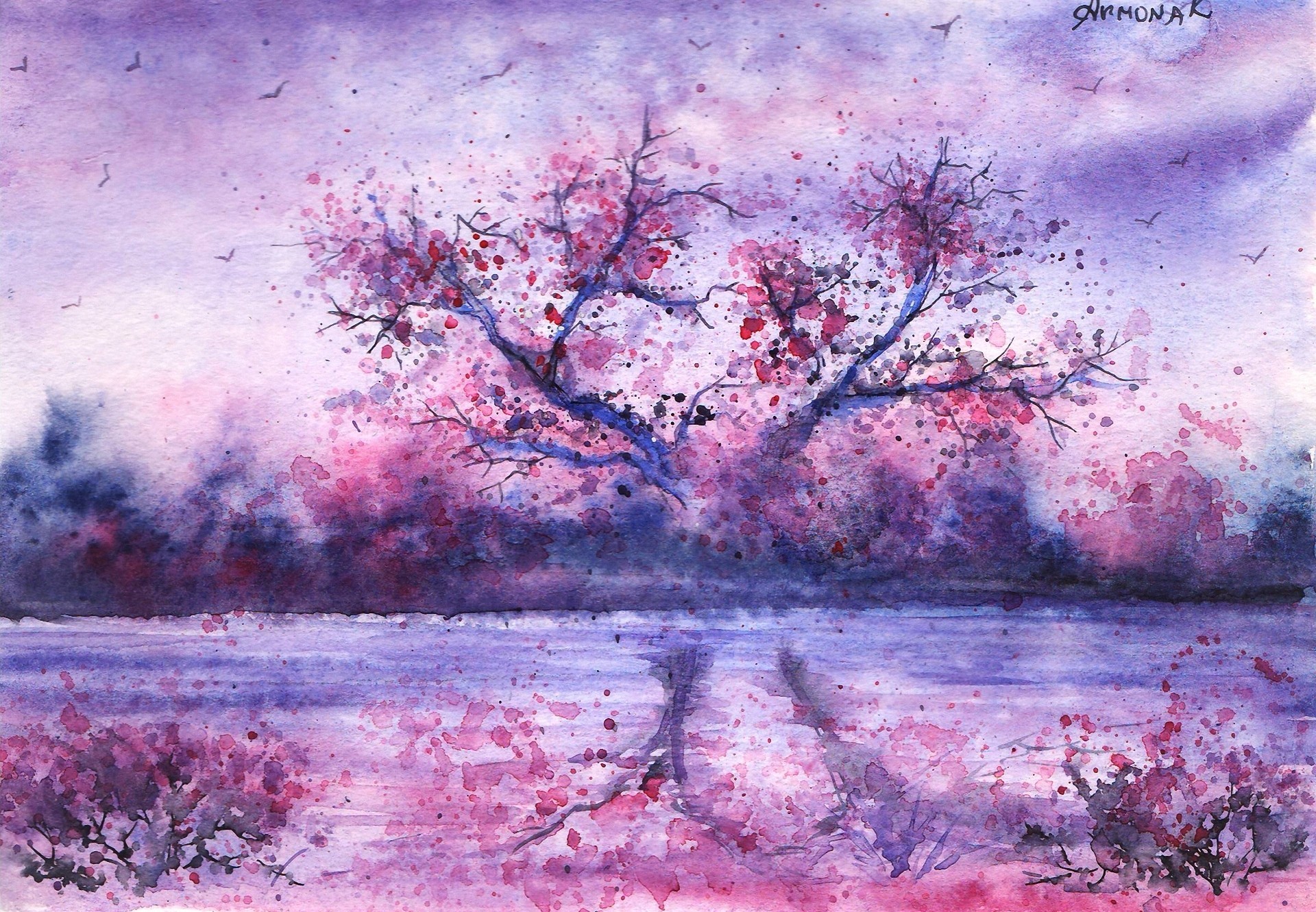 painted landscape river tree night reflection. poultry watercolor