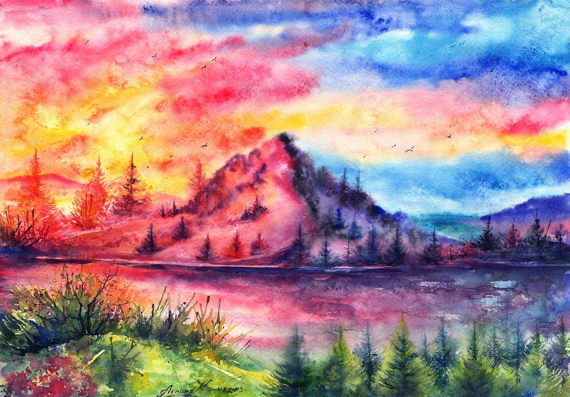 palmen sonnenuntergang fluss berg aquarell vögel gemalte landschaft