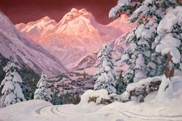 Pink, snowy sunset in the Alpine Mountains