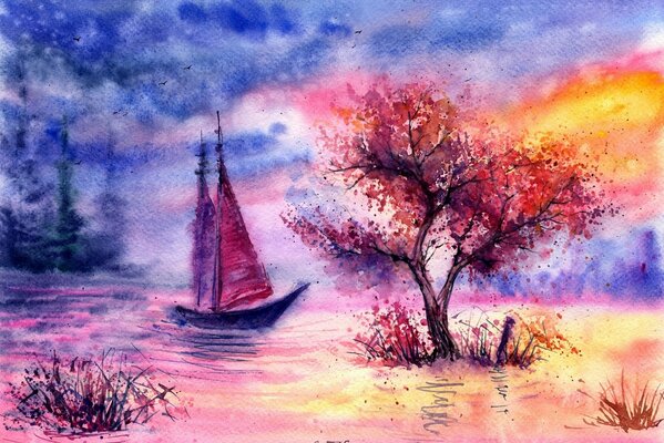 Painted watercolor landscape. Sailboat on the background of clouds