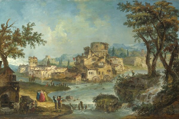 Michele marieschi, people and houses by the river with a threshold